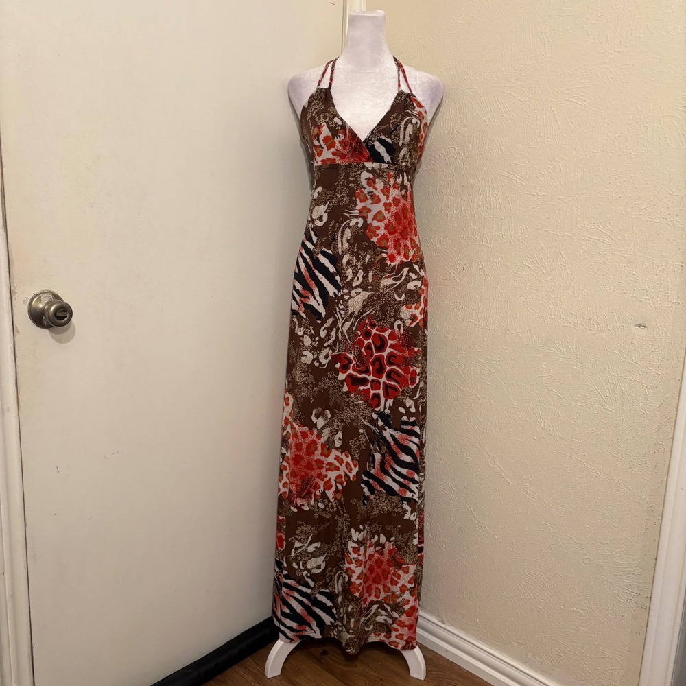 Brown Red Animal Print Halter Maxi Dress V-Neck Stretch Boho Casual Artsy Sz M